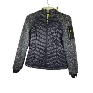 HFX Performance Womens Medium Hybrid Puffer Jacket Hooded Gray Black Zip Sporty